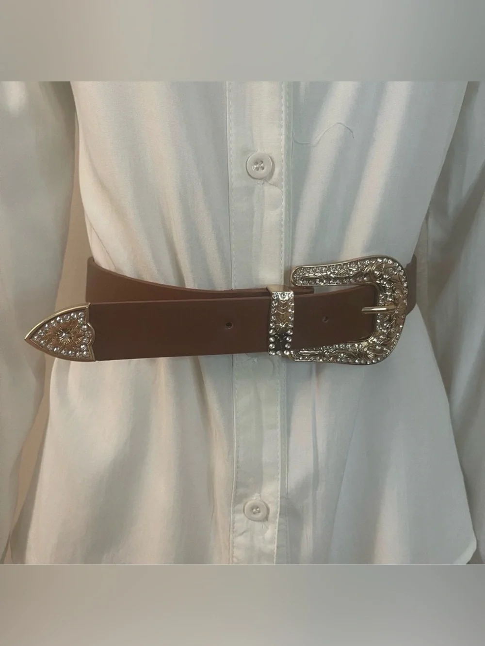 Brown PU leather gold tone buckle with rhinestones details western skinny belt